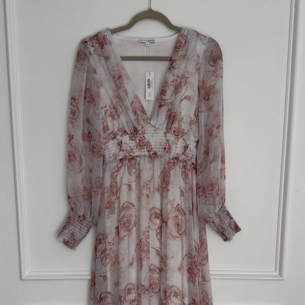 Baltic born Sheer Long Sleeve Floral Midi Dress - Blush Rose Print